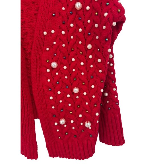 BiBi Red Beaded & Pearl Embellished Cable Knit Cardigan Sweater size XL open - Picture 4 of 7